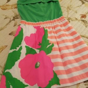 Neon & White Stripe Floral Strapless Dress